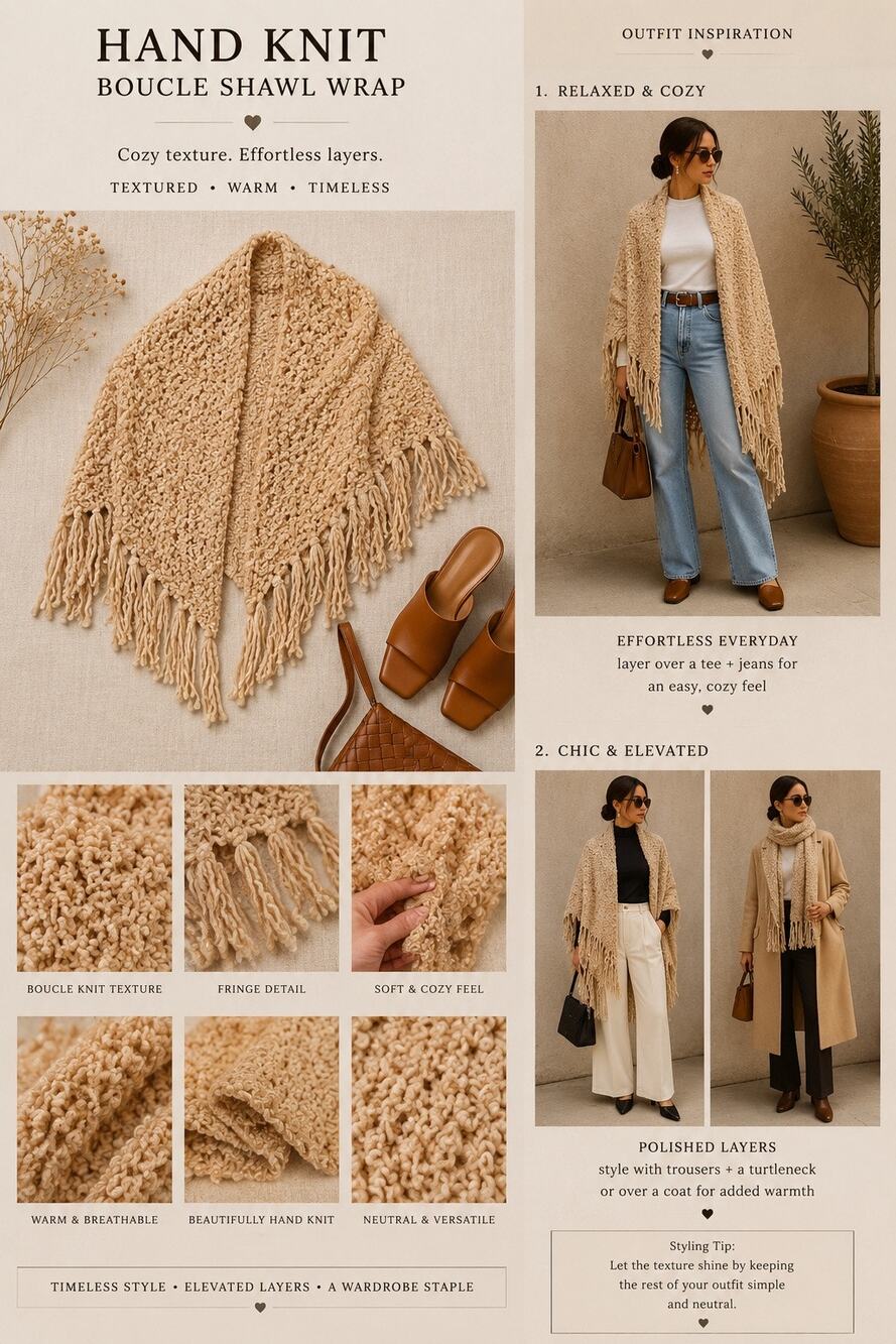 Hand Knit Boucle Shawl Wrap Cream Beige Fringe Textured Cozy Boho